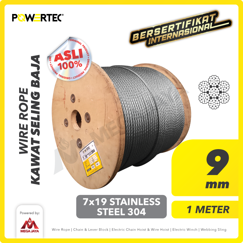Wire Rope / Kawat Seling Baja 7x19 SS 304 9mm POWERTEC  - 1 Meter