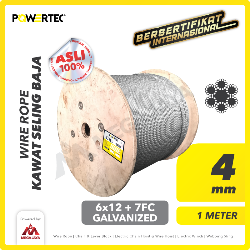 Wire Rope / Kawat Seling Baja 6x12 7FC 4mm Galv POWERTEC - 1 Meter