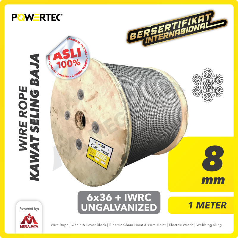 Wire Rope / Kawat Seling Baja 6x36 IWRC 8mm Ungalv POWERTEC - 1 Meter