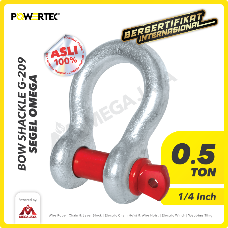 Bow Shackle Omega G209 0.5 Ton - 1/4" POWERTEC Segel Screw Pin