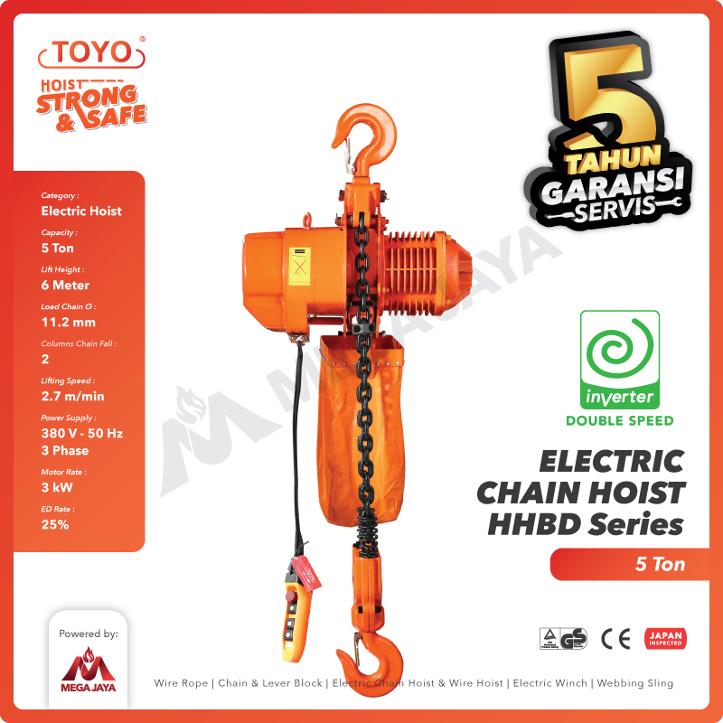 Electric Chain Hoist 5 Ton  x 6 Meter HHBD Inverter TOYO