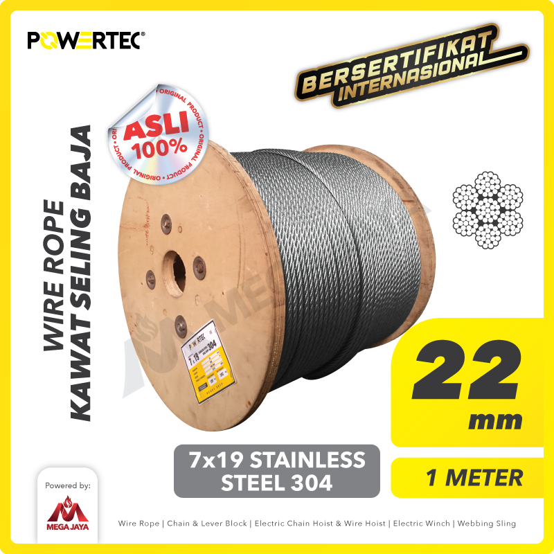 Wire Rope / Kawat Seling Baja 7x19 SS 304 22mm POWERTEC  - 1 Meter
