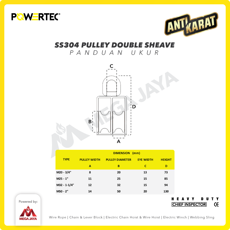 Small Pulley SS 304 Katrol Kerekan 50mm - 2 Sheave Stainless POWERTEC