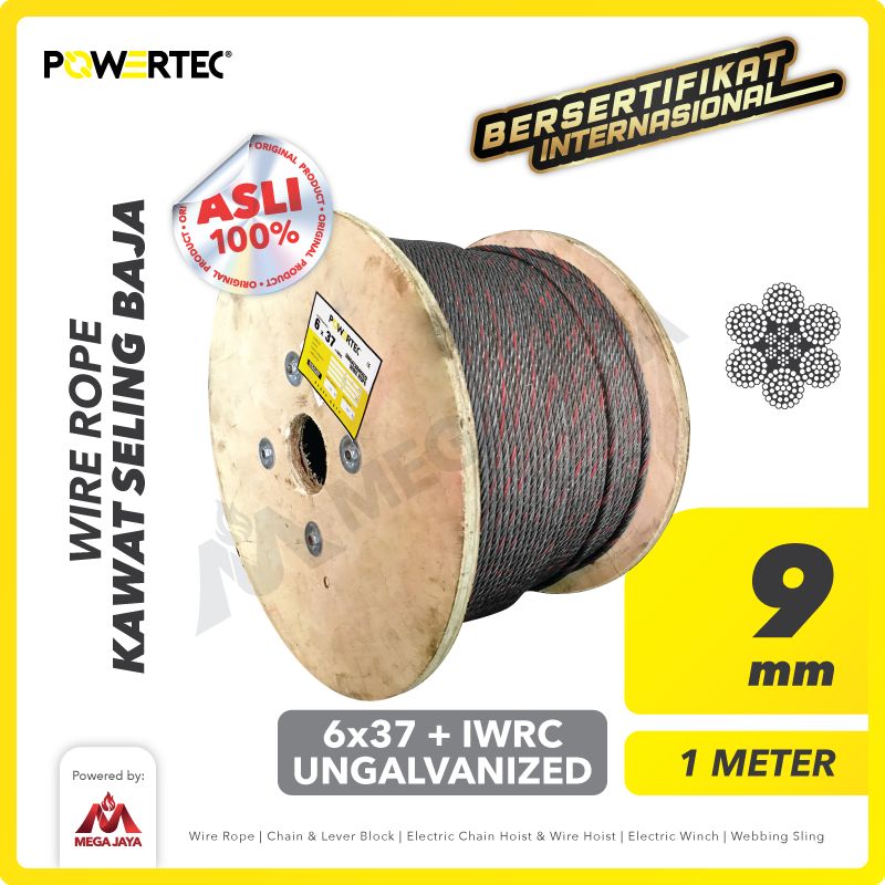 Wire Rope / Kawat Seling Baja 6x37 IWRC 9mm Ungalv POWERTEC - 1 Meter