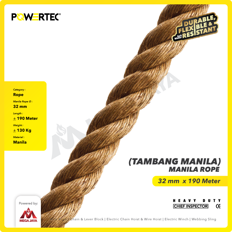 Tali Tambang Manila Rope 32mm x 190m x 130kg Tampar Dadung POWERTEC