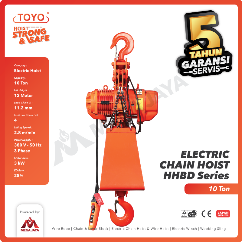 Electric Chain Hoist 10 Ton  x 12 Meter HHBD Series TOYO