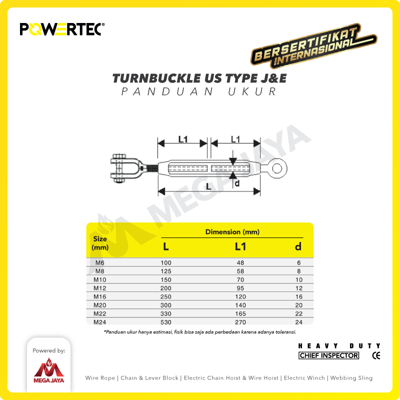 Turnbuckle / Jarum Keras US Type Jaw & Eye 1" x 18" Span POWERTEC
