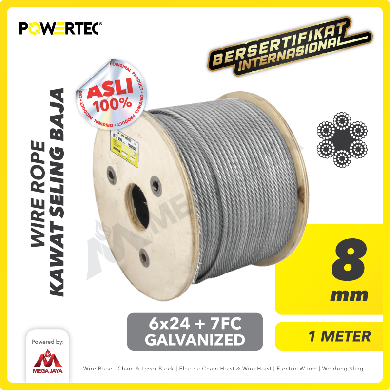 Wire Rope / Kawat Seling Baja 6x24 7FC 8mm Galv POWERTEC - 1 Meter