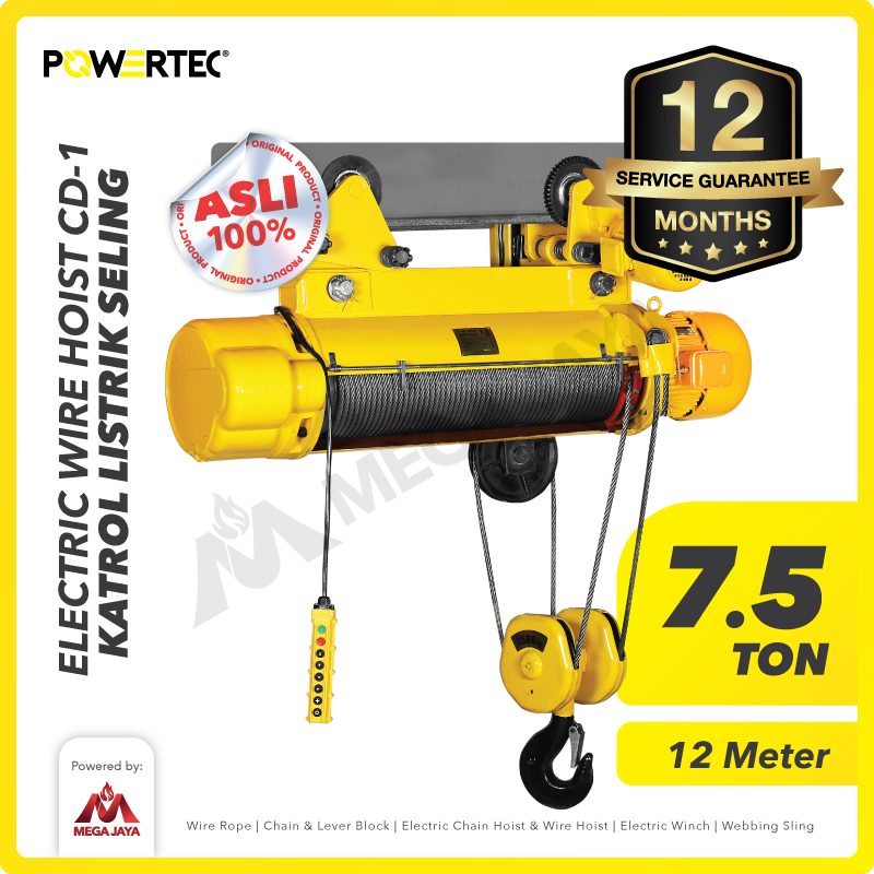 Electric Wire Rope Hoist 7.5 Ton  x 12 Meter 3 Phase CD-1 POWERTEC