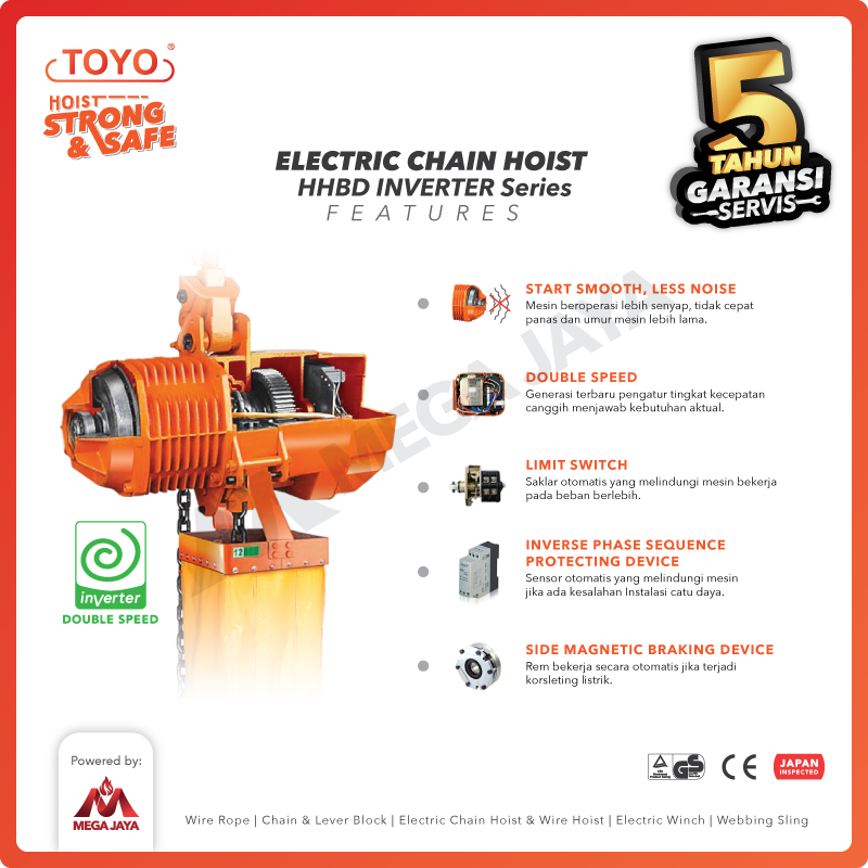 Electric Chain Hoist 0.5 Ton x 6 Meter HHBD Inverter TOYO