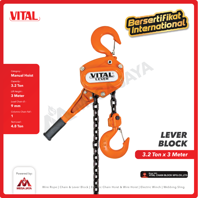 Lever Block / Lever Hoist 3.2 Ton x 3 Meter VITAL