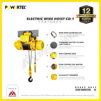 Electric Wire Rope Hoist 3 Ton  x 6 Meter 3 Phase CD-1 POWERTEC