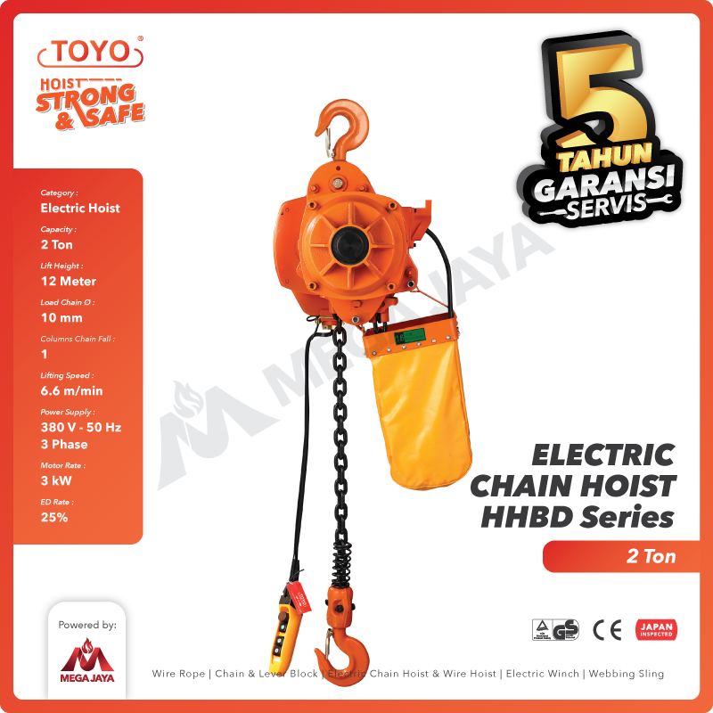 Electric Chain Hoist 2 Ton  x 12 Meter HHBD Series TOYO