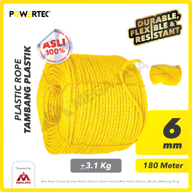 Tali Tambang Plastik 6mm x 180m Plastic Rope POWERTEC - Kuning