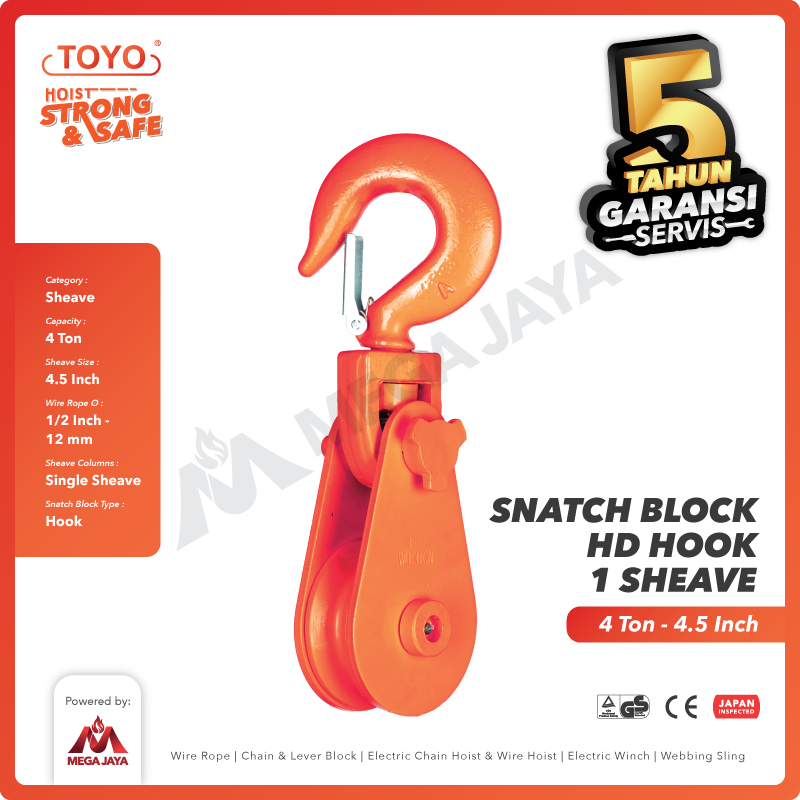 Snatch Block / Pulley Block Hook 4 Ton - 4 1/2" HD 1 Sheave TOYO