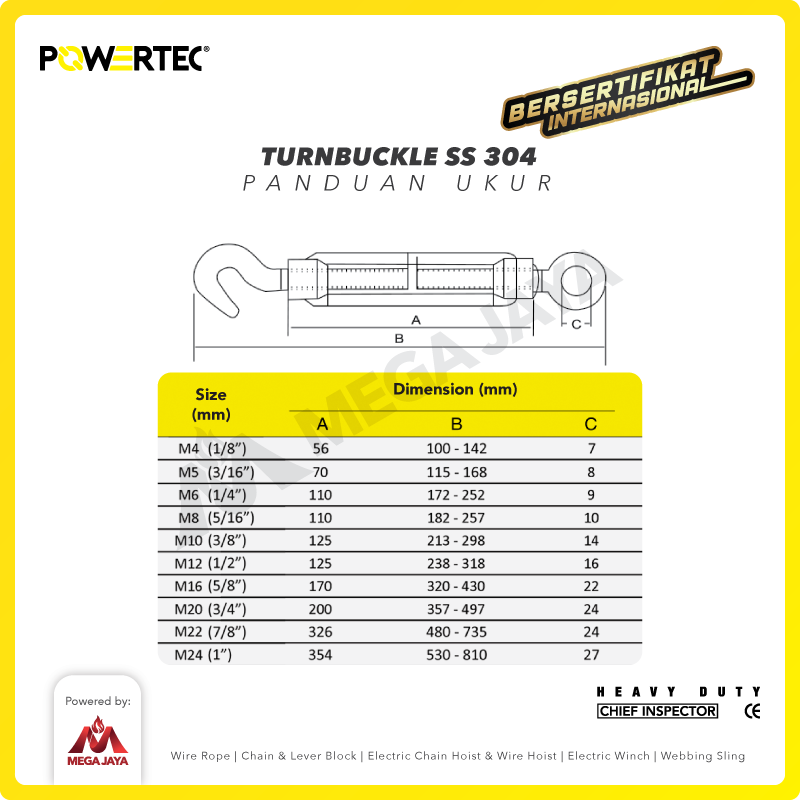 Turnbuckle / Jarum Keras SS 304 Hook & Hook M8 Span Skrup POWERTEC