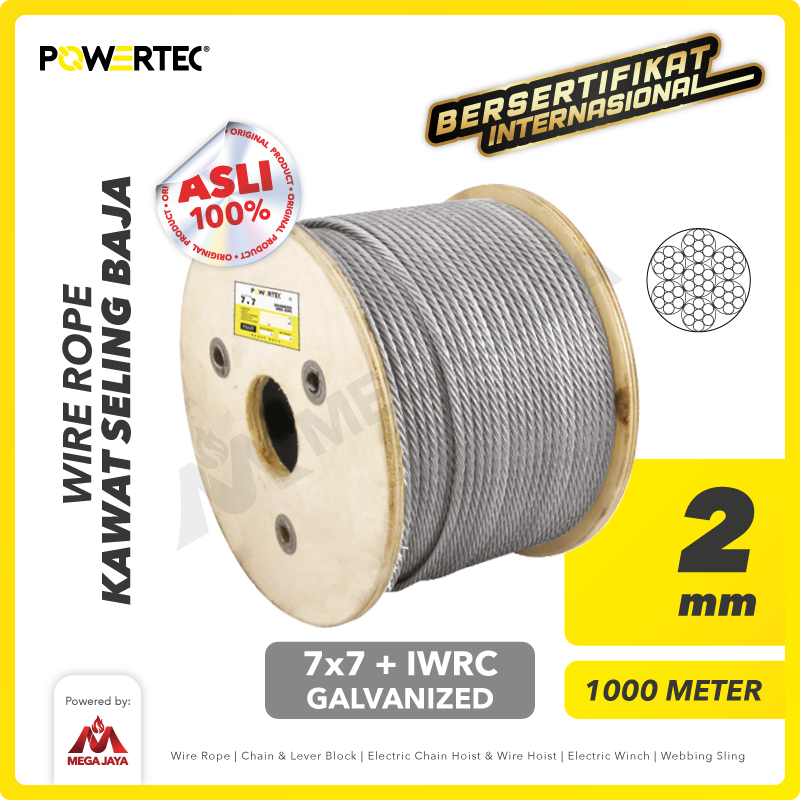 Wire Rope / Kawat Seling Baja 7x7 IWRC 2mm Galv POWERTEC - 1000m