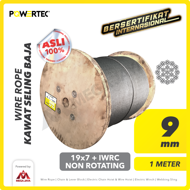Wire Rope / Kawat Seling Baja 19x7 IWRC 9mm NR POWERTEC - 1 Meter