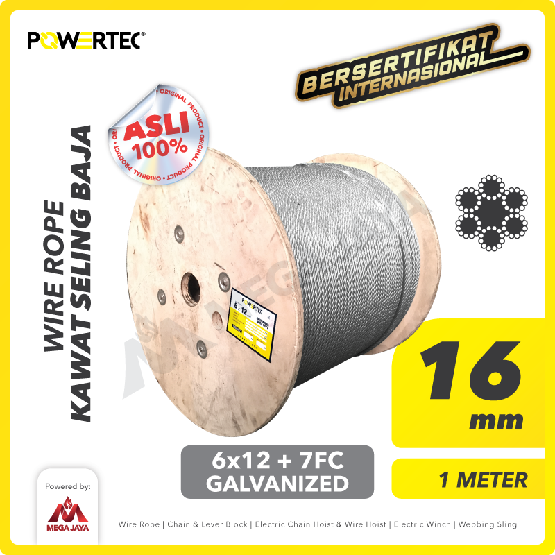 Wire Rope / Kawat Seling Baja 6x12 7FC 16mm Galv POWERTEC - 1 Meter