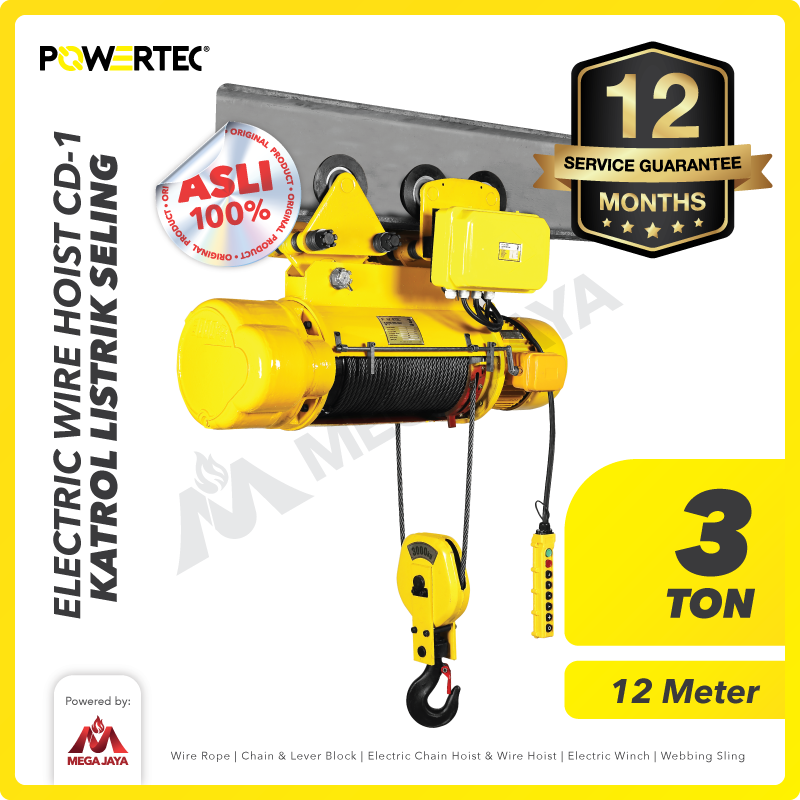 Electric Wire Rope Hoist 3 Ton  x 12 Meter 3 Phase CD-1 POWERTEC