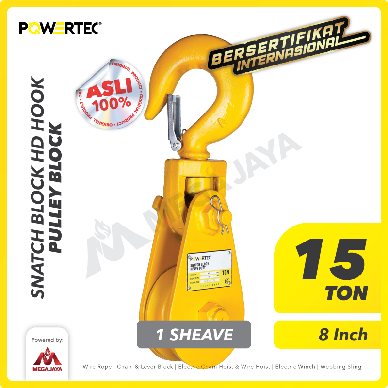 Snatch Block / Pulley Block Hook 15 Ton - 8" HD 1 Sheave POWERTEC