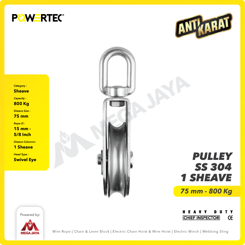Small Pulley SS 304 Katrol Kerekan 75mm - 1 Sheave Stainless POWERTEC
