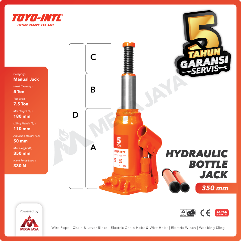Hydraulic Bottle Jack / Dongkrak Botol 5 Ton TOYO