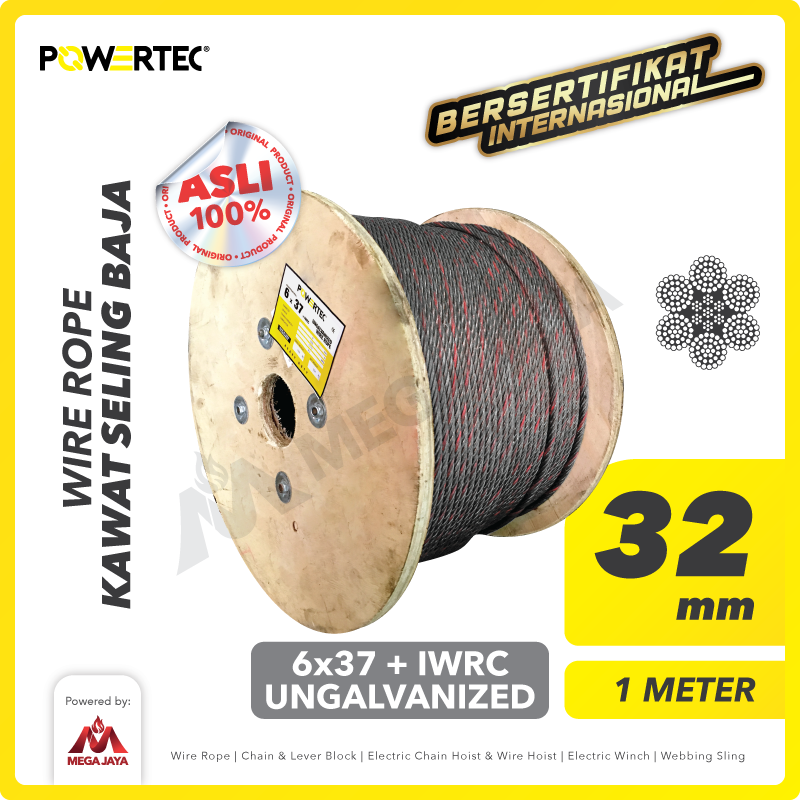 Wire Rope / Kawat Seling Baja 6x37 IWRC 32mm Ungalv POWERTEC - 1 Meter