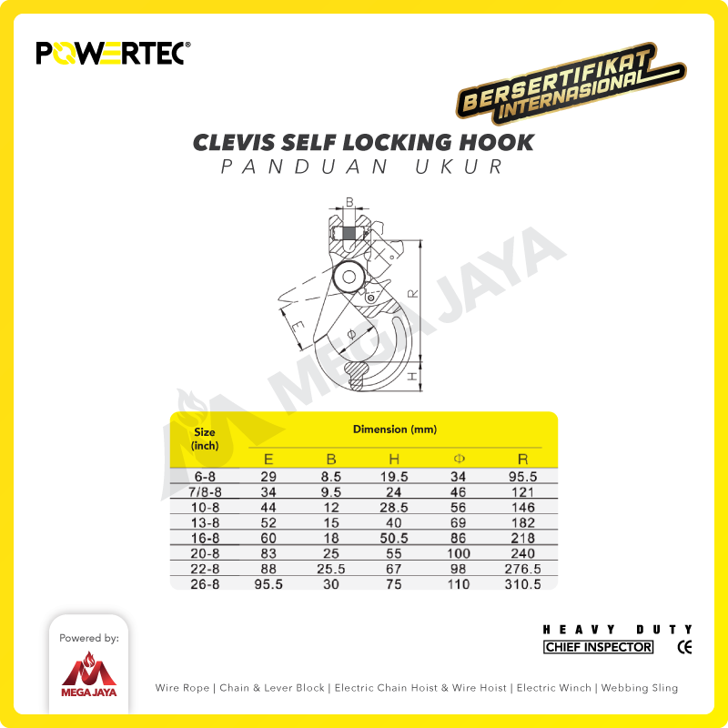 Clevis Self-Locking Hook 10mm - 3.2 Ton POWERTEC