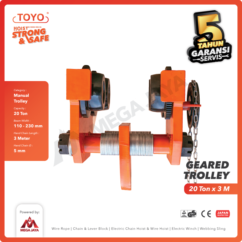 Geared Trolley / Gear Troli Hoist 20 Ton x 3 Meter TOYO