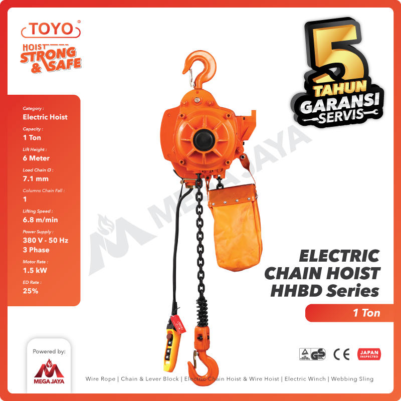 Electric Chain Hoist 1 Ton  x 6 Meter HHBD Series TOYO