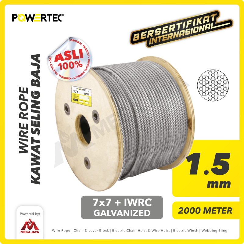 Wire Rope / Kawat Seling Baja 7x7 IWRC 1.5mm Galv POWERTEC - 2000m