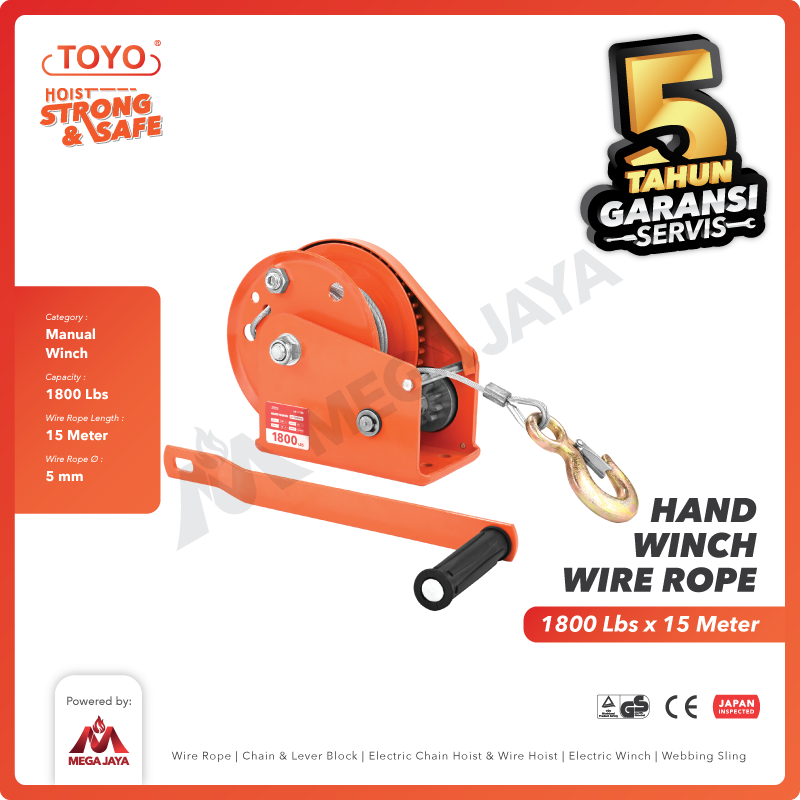 Hand Winch Auto Brake / Katrol Manual 1800 Lbs x 15 Meter TOYO