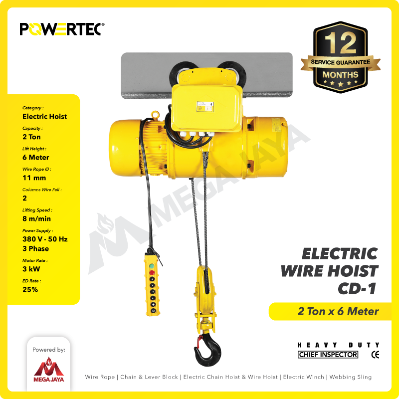Electric Wire Rope Hoist 2 Ton  x 6 Meter 3 Phase CD-1 POWERTEC