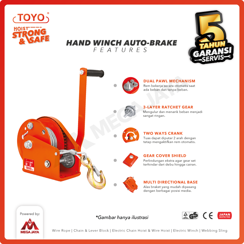 Hand Winch Auto Brake / Katrol Manual 2600 Lbs x 15 Meter TOYO