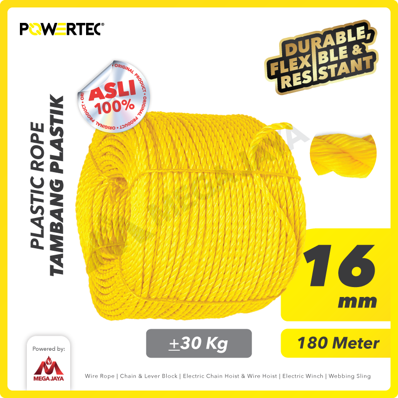 Tali Tambang Plastik 16mm x 180m Plastic Rope POWERTEC - Kuning