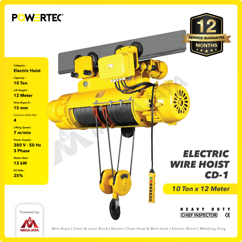 Electric Wire Rope Hoist 10 Ton  x 12 Meter 3 Phase CD-1 POWERTEC