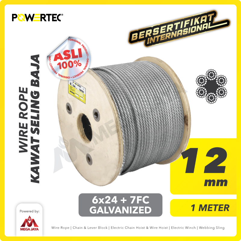 Wire Rope / Kawat Seling Baja 6x24 7FC 12mm Galv POWERTEC - 1 Meter