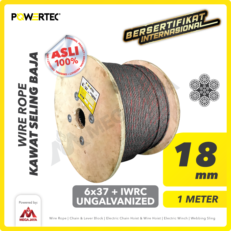 Wire Rope / Kawat Seling Baja 6x37 IWRC 18mm Ungalv POWERTEC - 1 Meter