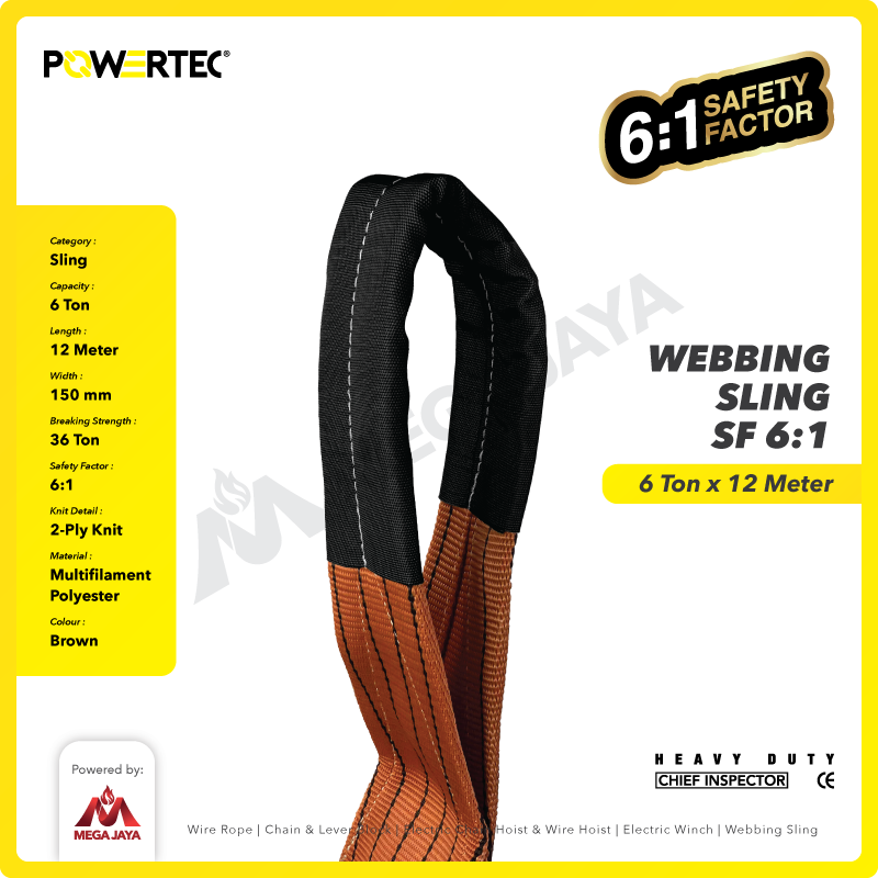 Webbing Sling Belt / Tali Angkat 6 Ton x 12 Meter POWERTEC Double Ply