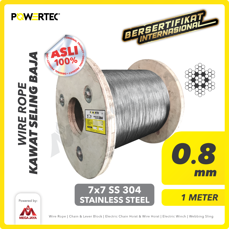 Wire Rope / Kawat Seling Baja 7x7 SS 304 0.8mm POWERTEC  - 1 Meter