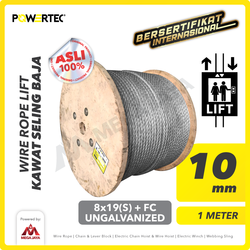 Wire Rope / Kawat Seling LIFT 8x19(S) FC 10mm Ungalv POWERTEC - 1 Mtr
