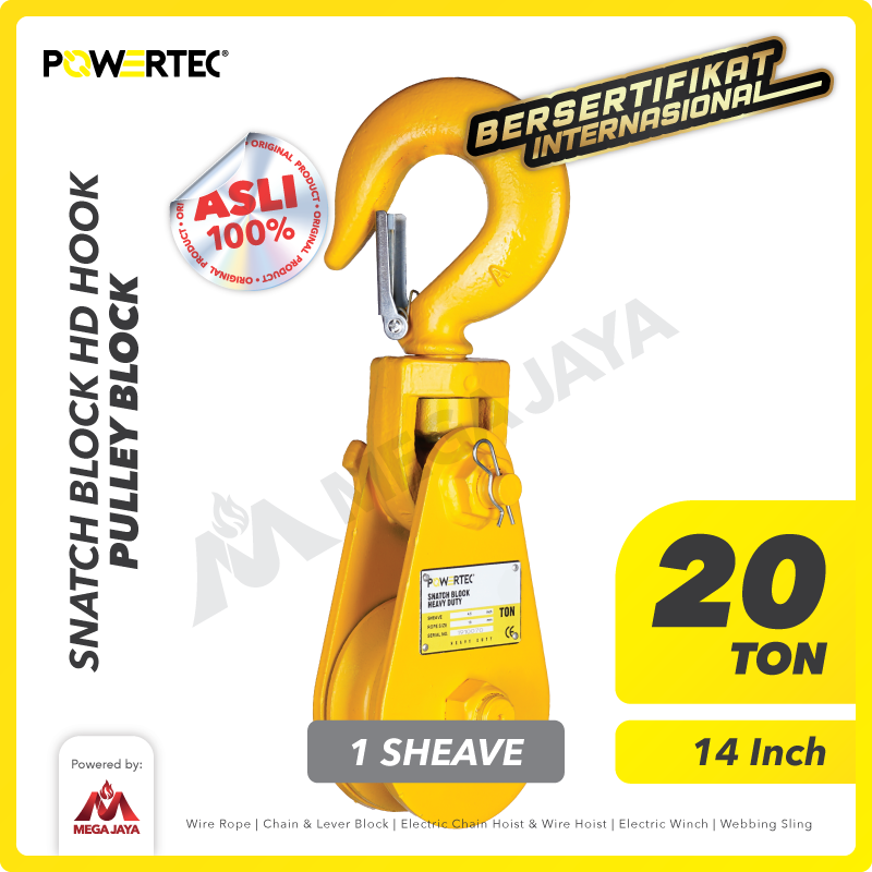 Snatch Block / Pulley Block Hook 20 Ton - 14" HD 1 Sheave POWERTEC