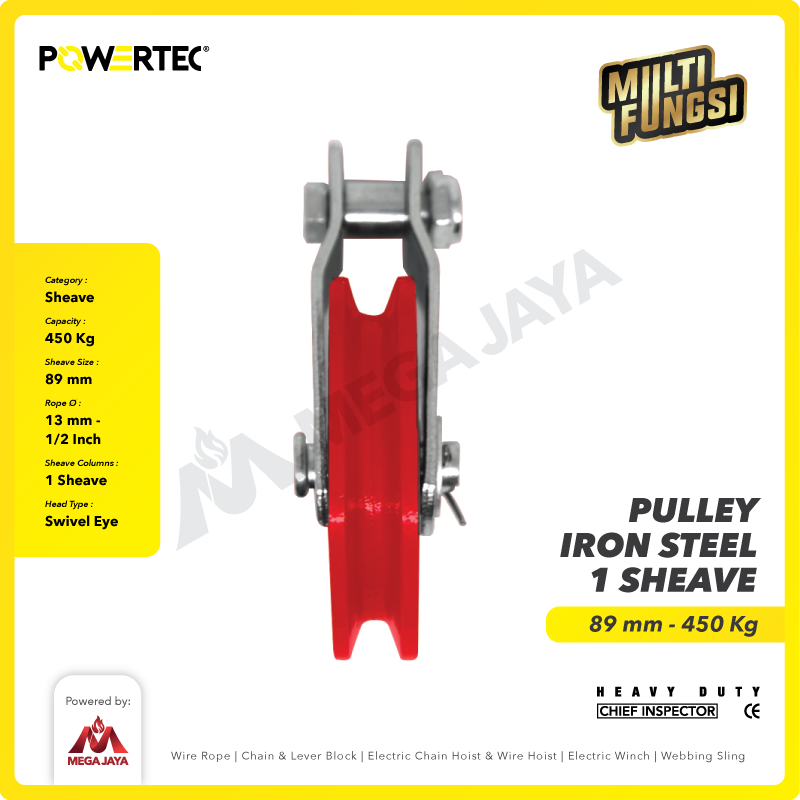 Pulley Steel Iron Katrol Kerekan 89mm 3-1/2" - 1 Sheave Besi POWERTEC