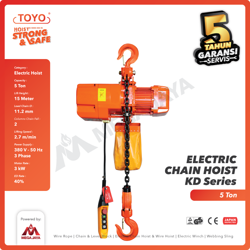 Electric Chain Hoist 5 Ton  x 15 Meter KD Series TOYO