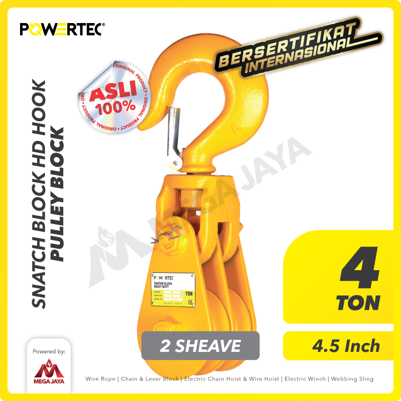 Snatch Block / Pulley Block Hook 4 Ton - 4.5" HD 2 Sheave POWERTEC