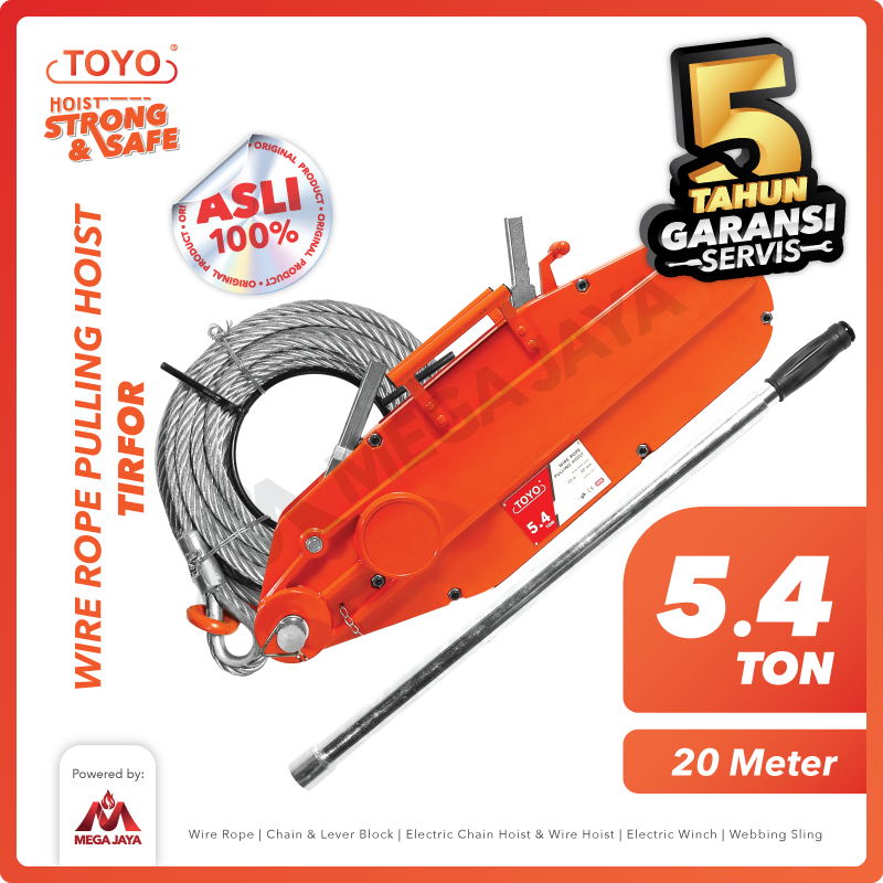 Wire Rope Pulling Hoist / Tirfor 5.4 Ton x 20 Meter TOYO
