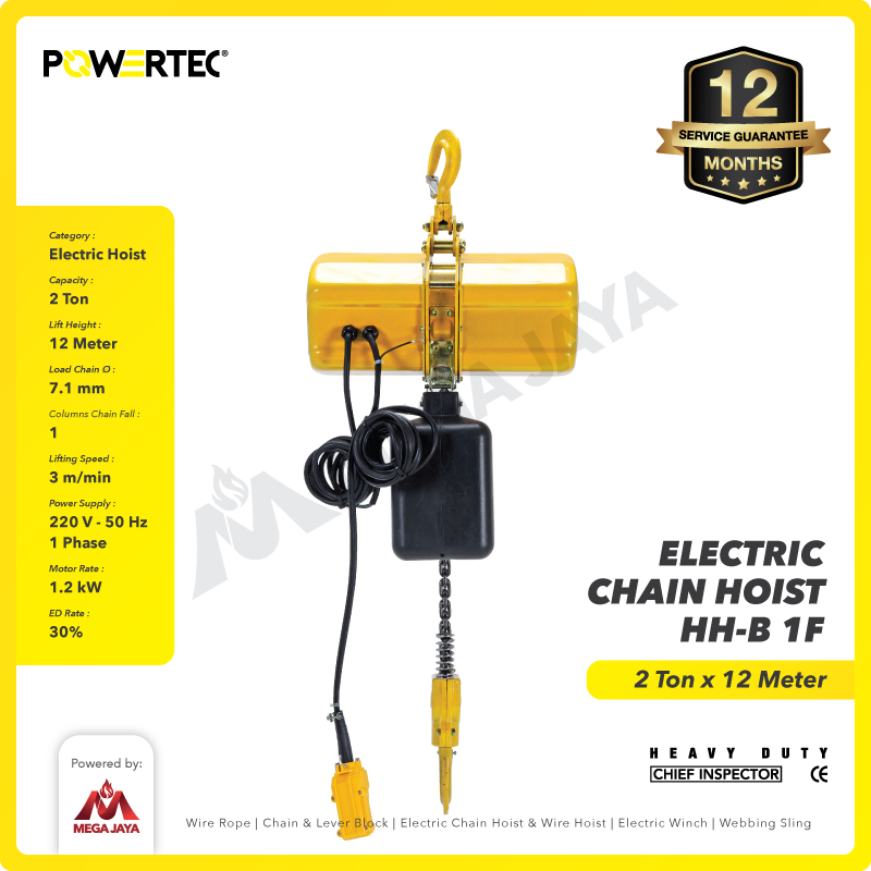Electric Chain Hoist 2 Ton x 12 Meter HH-B 1F POWERTEC