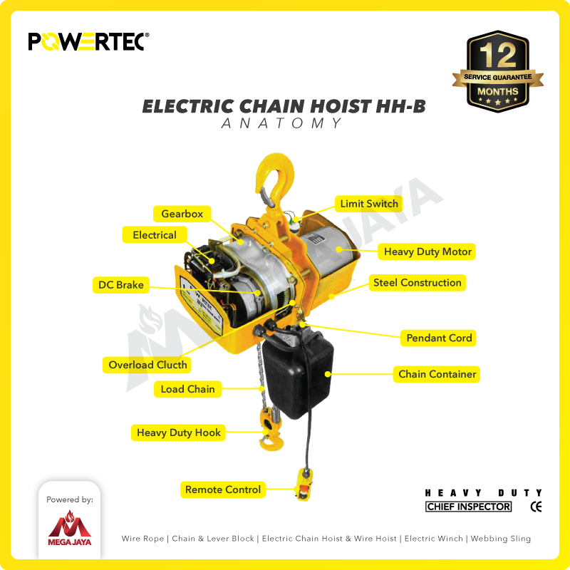 Electric Chain Hoist 0.5 Ton x 12 Meter HH-B 1F POWERTEC