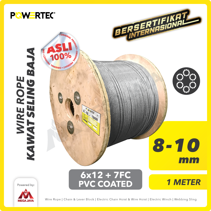 Wire Rope / Kawat Seling Baja 6x12 7FC PVC 8-10mm POWERTEC  - 1 Meter